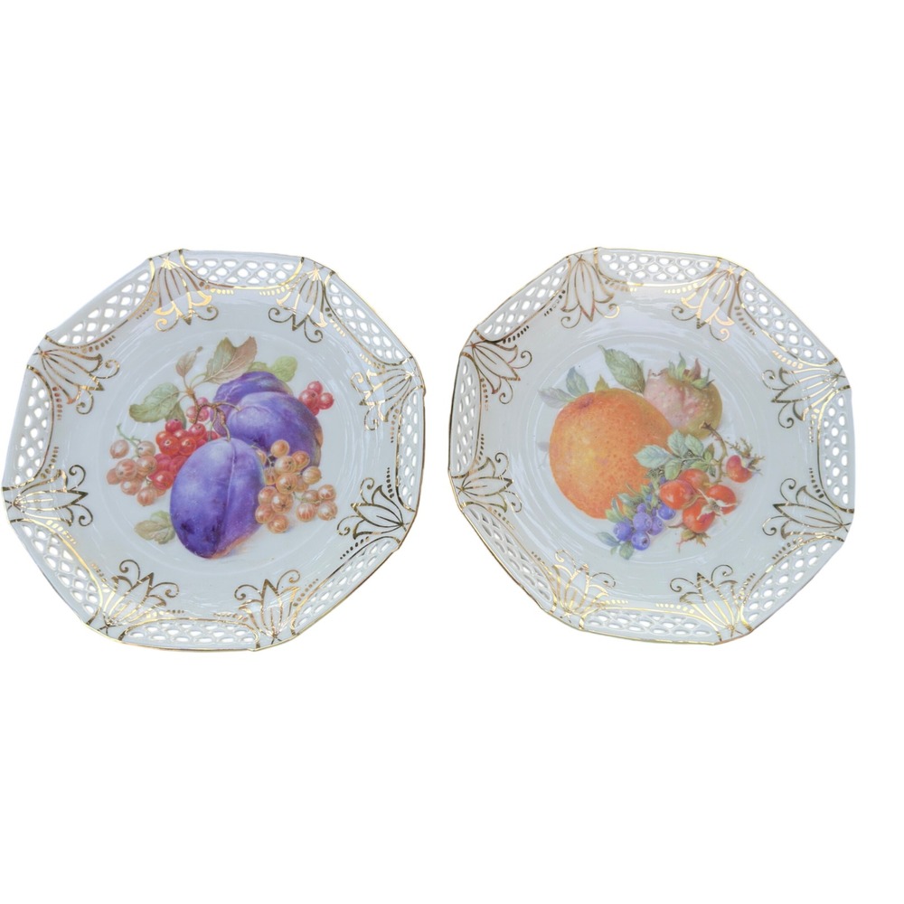 Schwarzenhammer Germany Reticulated Fruit Plates Set 2 Hand Painted Gold Vintage